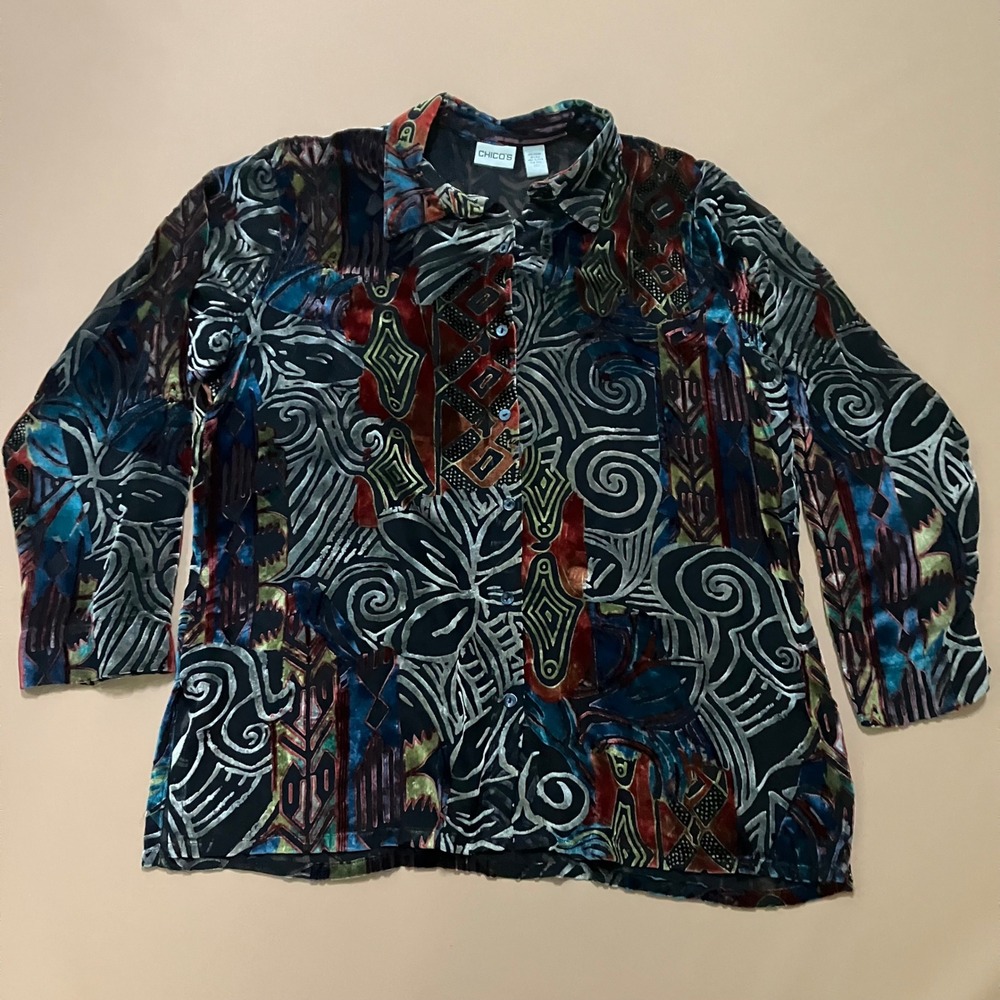 Chico's Velvet Burnout Blouse Silk Blend Abstract Print Button Down Top Large/2